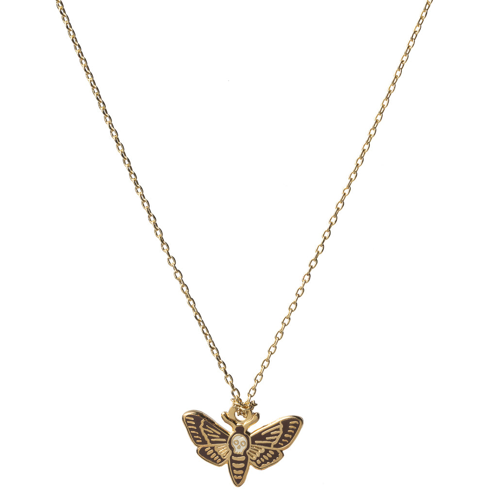 Gold cloisonné death's head hawkmoth pendant necklace gilded in 22 karat gold by Yellow Owl Workshop