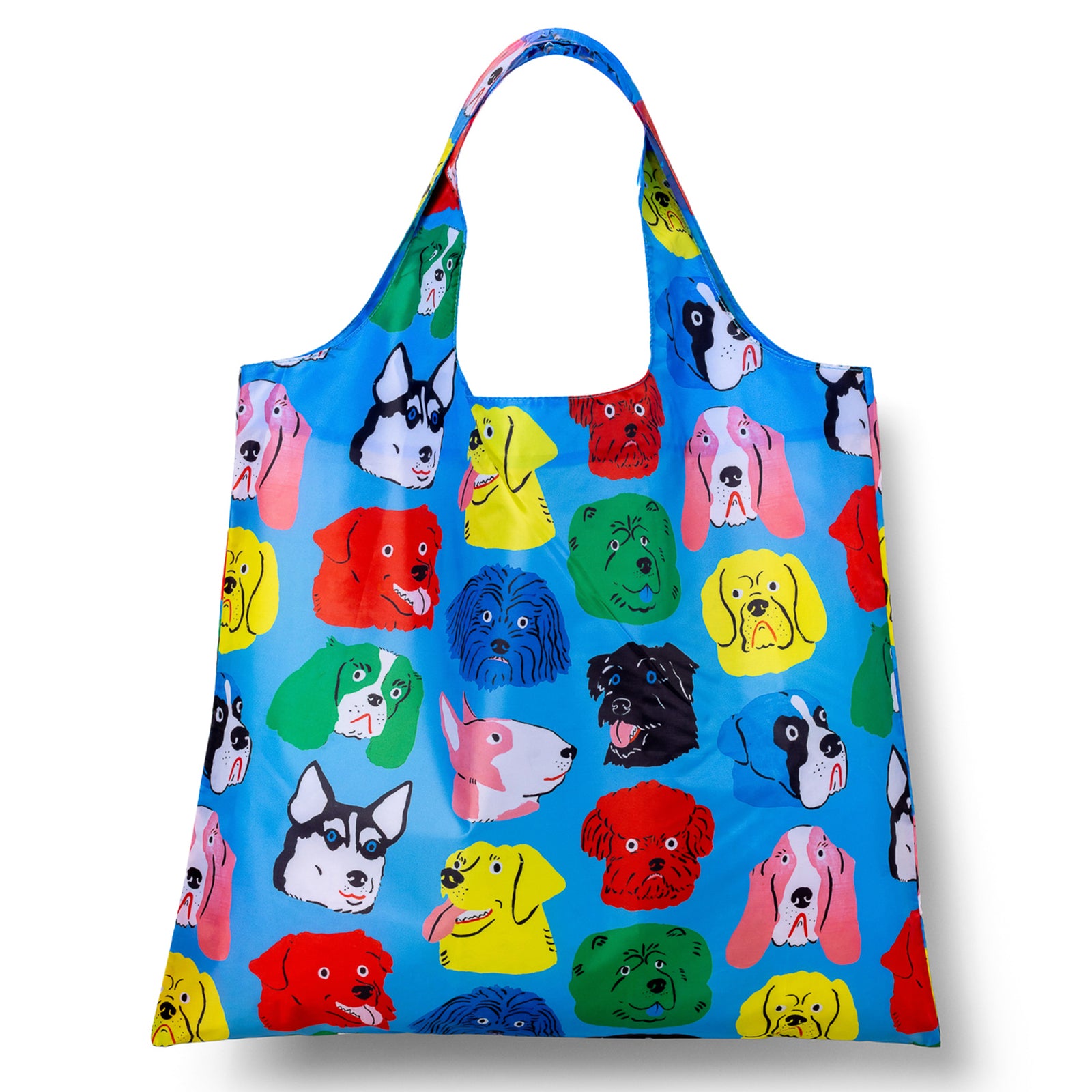 Illustrated reusable tote bag covered in colorful playful dog illustrations by Kristina Micotti for Yellow Owl Workshop