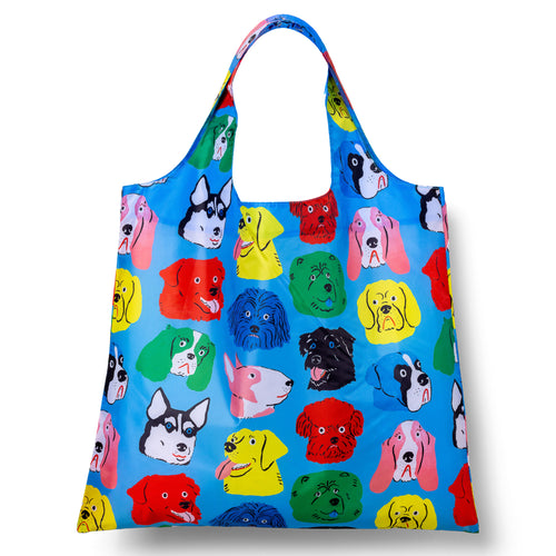Illustrated reusable tote bag covered in colorful playful dog illustrations by Kristina Micotti for Yellow Owl Workshop