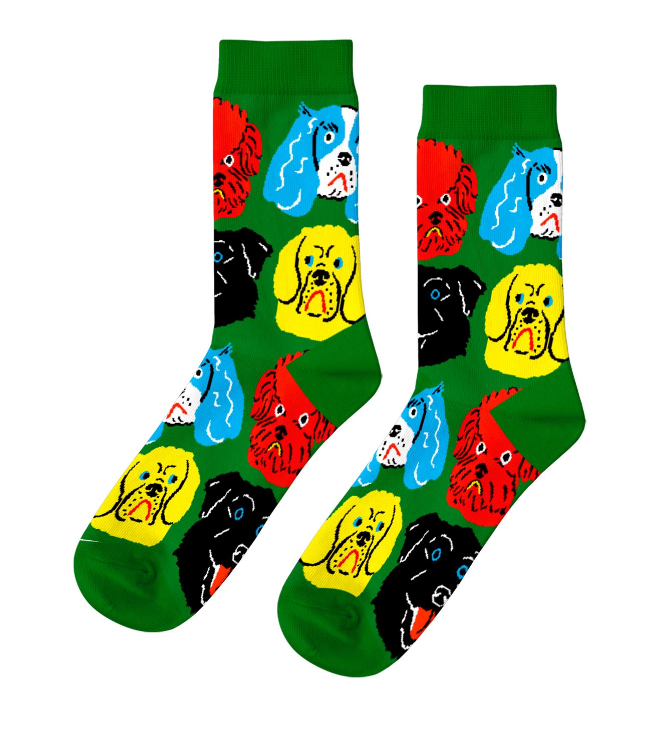 Green crew socks featuring bold colorful illustrated dog faces in red blue yellow and black by Kristina Micotti for Yellow Owl Workshop