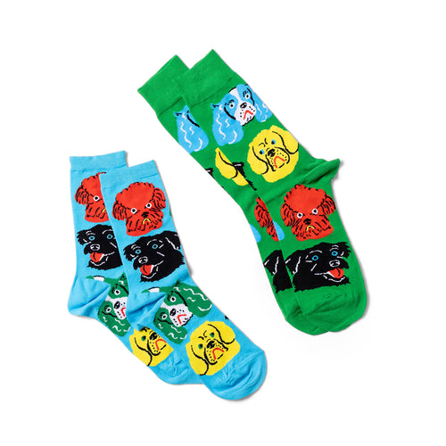 Dogs crew socks small and large sizes laid out side by side by Yellow Owl Workshop
