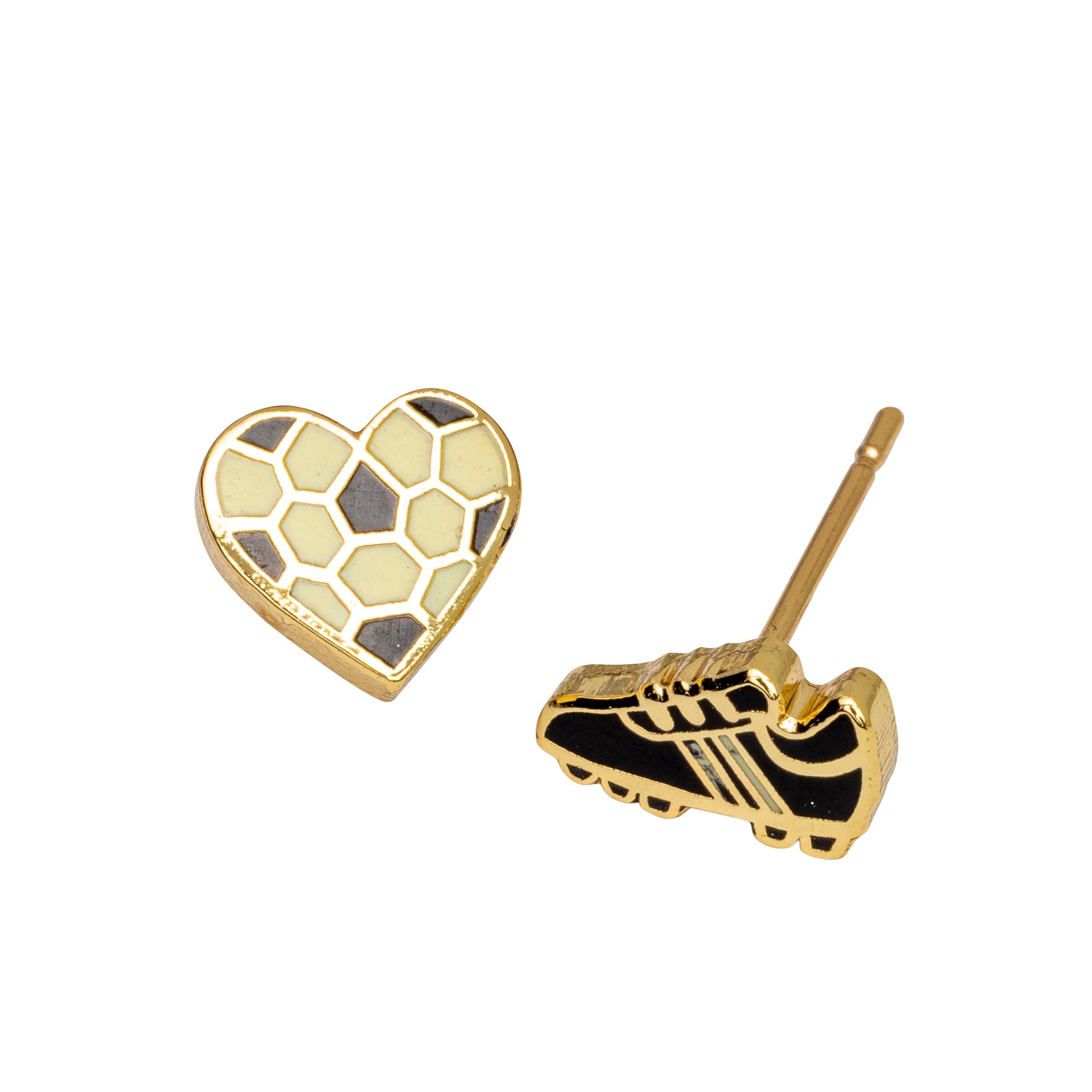 Yellow Owl Workshop mismatched soccer stud earrings featuring a heart-shaped black and white soccer ball and a black soccer cleat. Gold-tone enamel post earrings for soccer players, soccer fans, and sports lovers, photographed on a white background.
