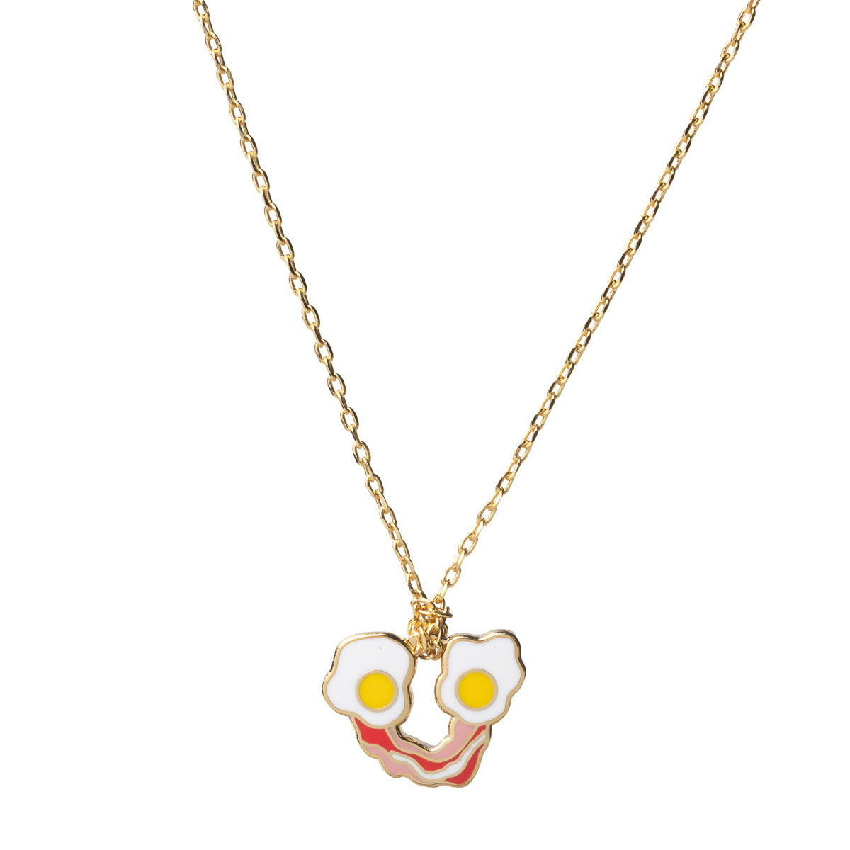 Cloisonné eggs and bacon smiley face pendant necklace gilded in 22 karat gold by Yellow Owl Workshop