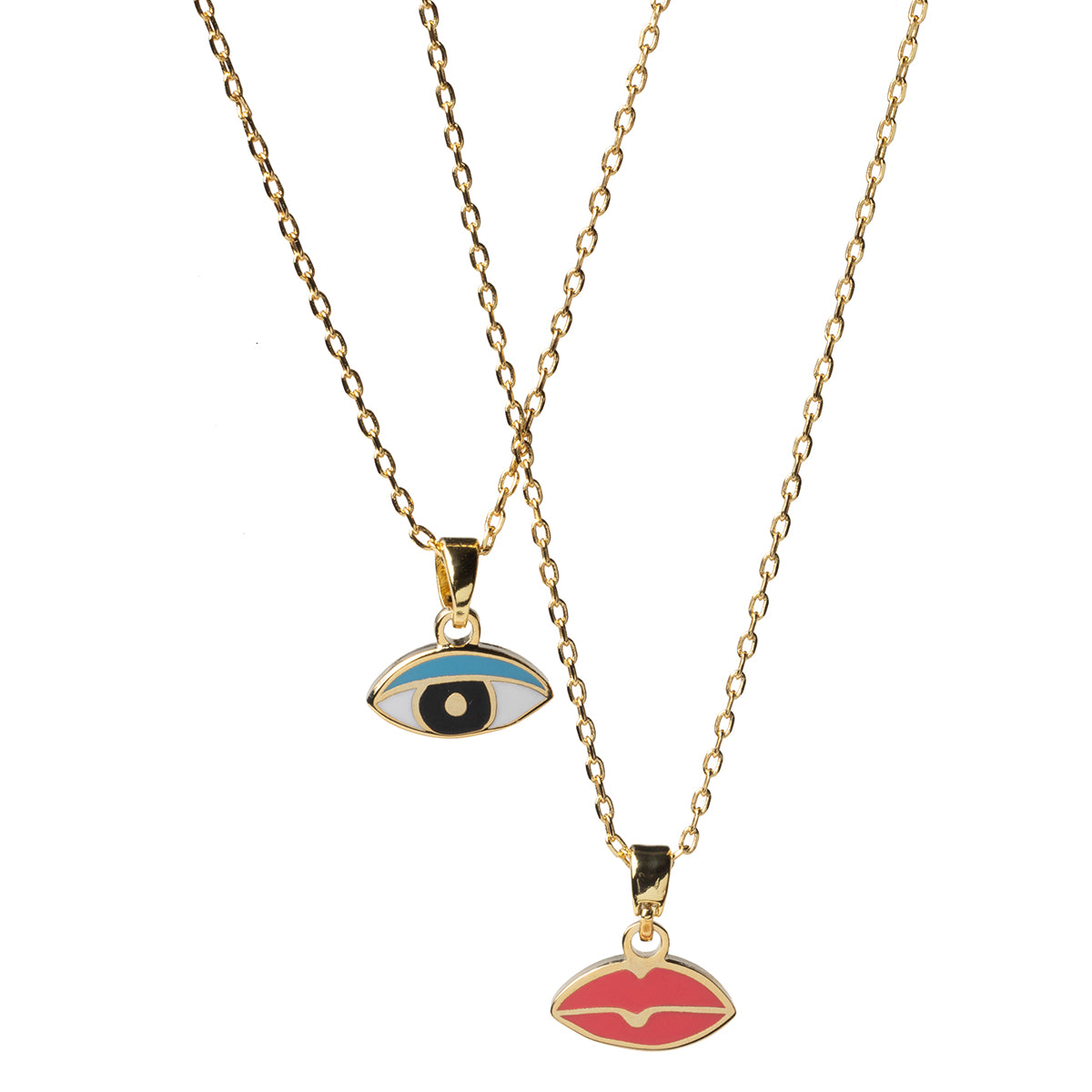 Double-sided enamel pendant necklace showing teal evil eye side and red lips side on 18k gold chain by Yellow Owl Workshop