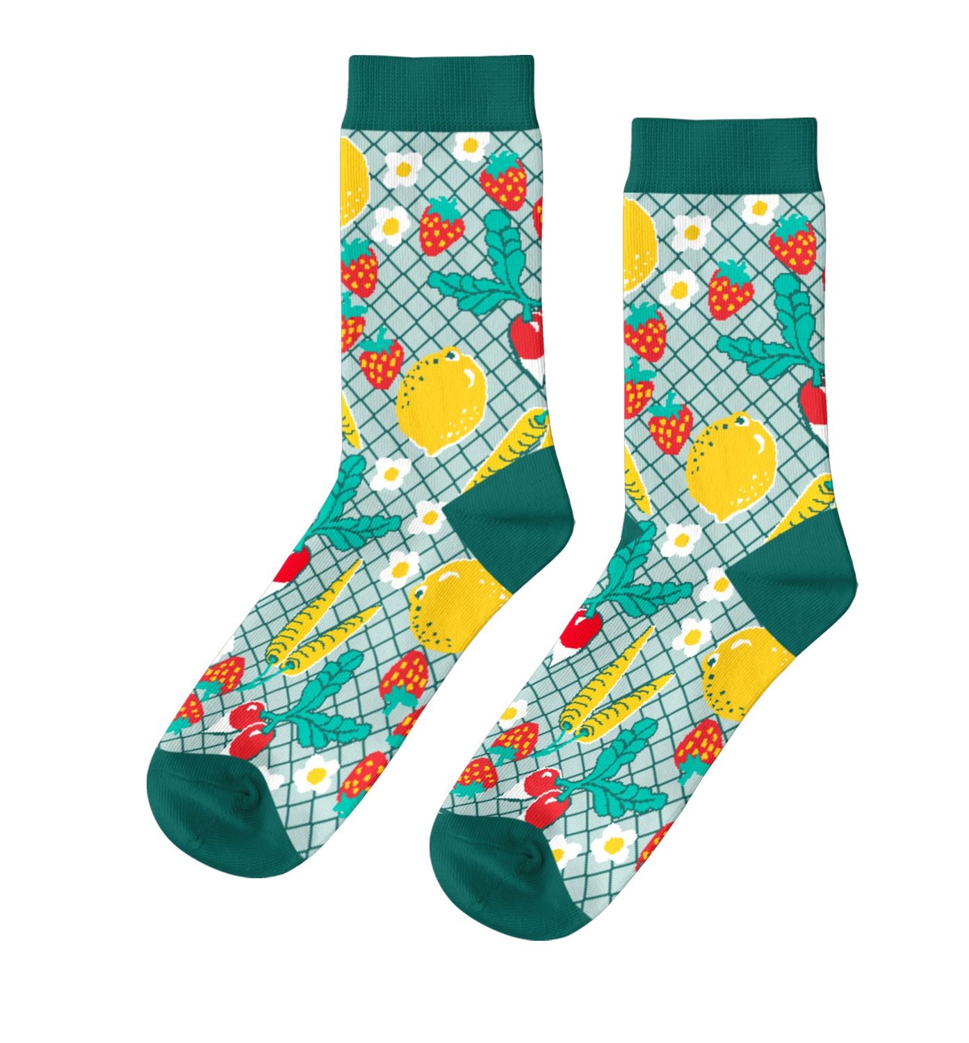 Teal grid crew socks featuring illustrated strawberries lemons cherries daisies and leafy greens by Yellow Owl Workshop