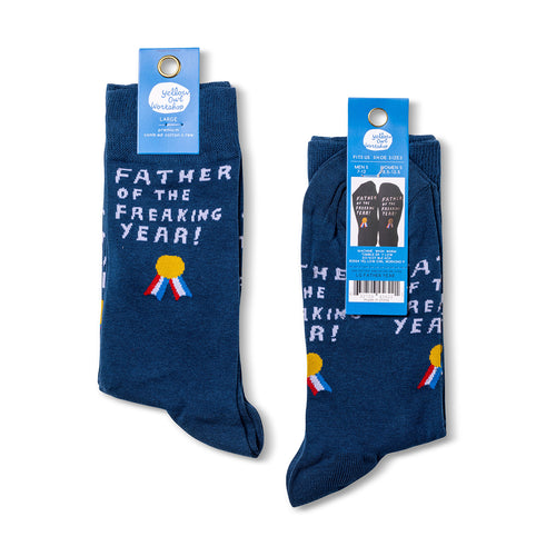 Father of the Year crew socks packaging front and back by Yellow Owl Workshop