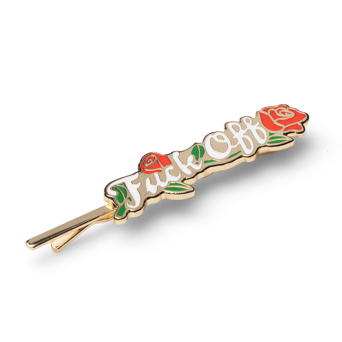 Gold cloisonné enamel F ck Off hair pin with white script and red roses by Yellow Owl Workshop