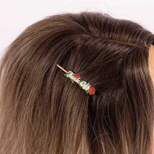 F ck Off gold cloisonné enamel hair pin worn in hair by Yellow Owl Workshop