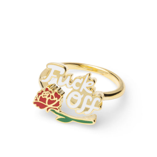 Gold adjustable Fuck Off ring with white script and red rose by Yellow Owl Workshop