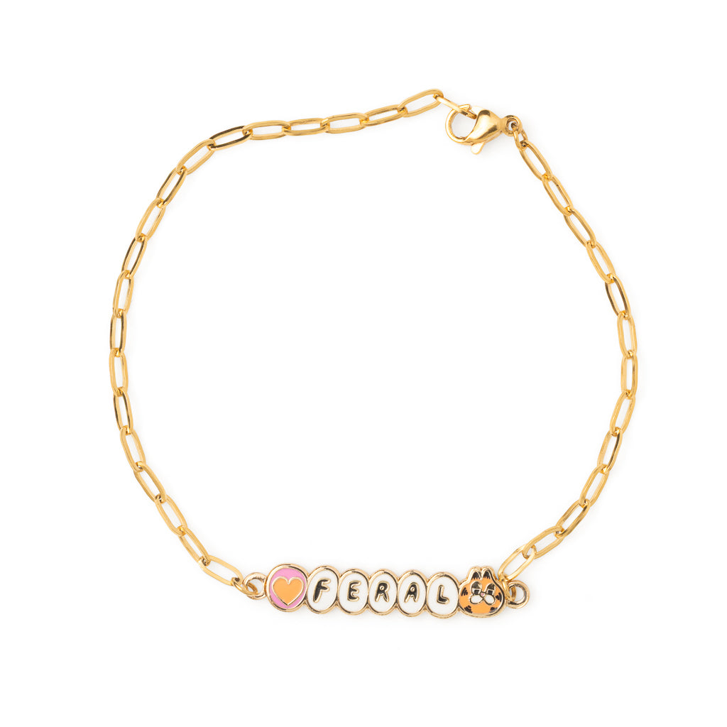 Gold paperclip chain bracelet spelling FERAL in enamel letter charms with pink heart and orange cat face charms by Yellow Owl Workshop