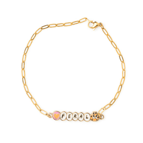 Gold paperclip chain bracelet spelling FERAL in enamel letter charms with pink heart and orange cat face charms by Yellow Owl Workshop