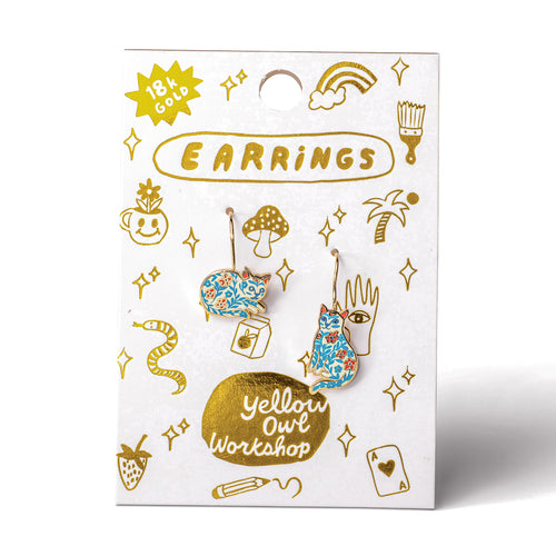 Floral Cat mismatched enamel drop earrings on gold foil matchbook card by Yellow Owl Workshop