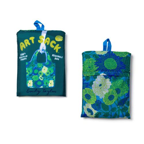 Flower Market Art Sack® folded front and back showing bold oversized floral illustration and Art Sack® packaging by Emily Taylor for Yellow Owl Workshop