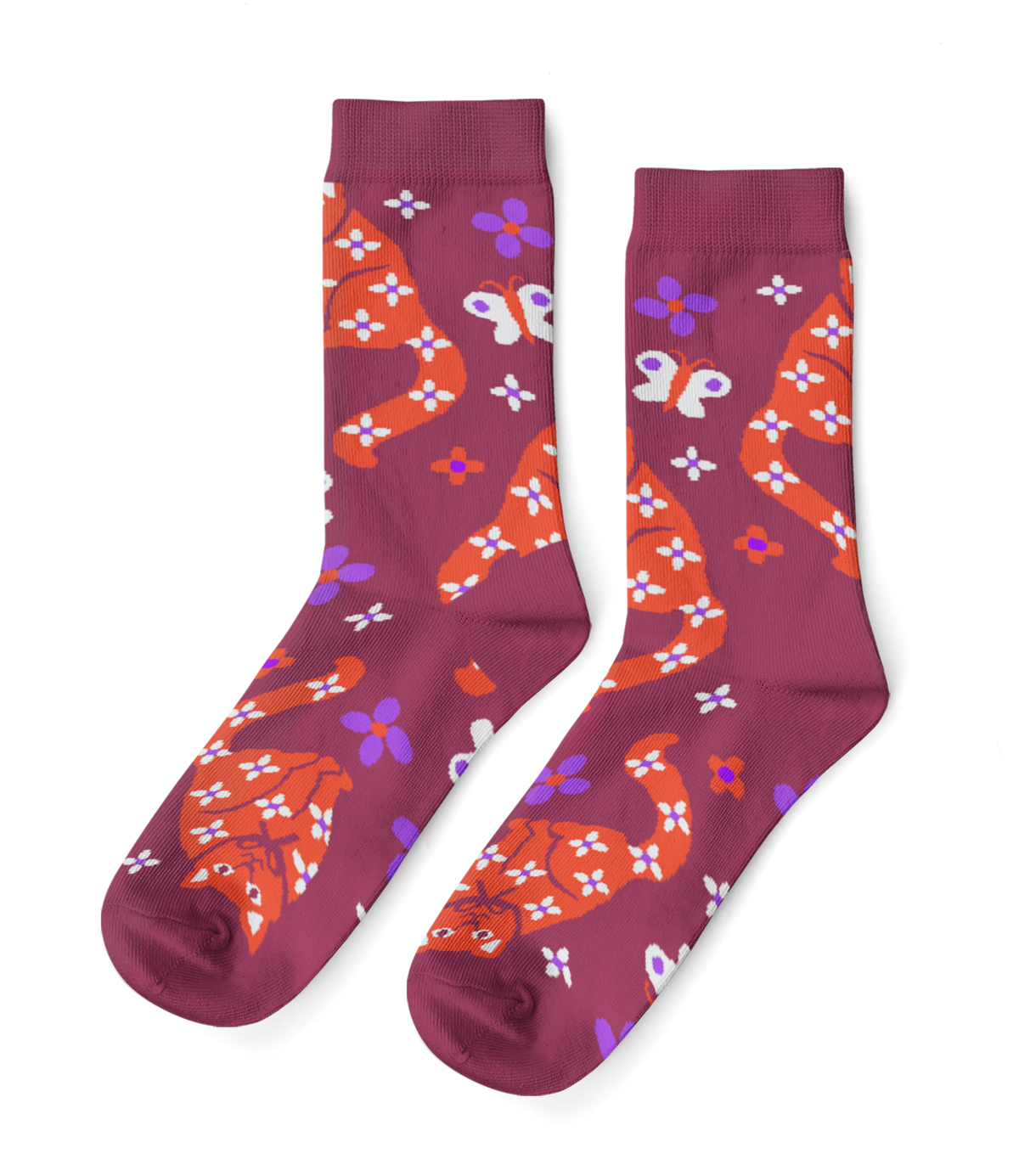 Floral Cat Crew Socks - Small