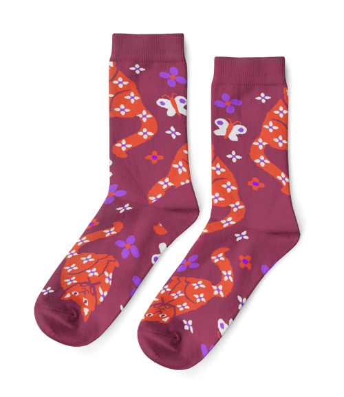 Floral Cat Crew Socks - Small