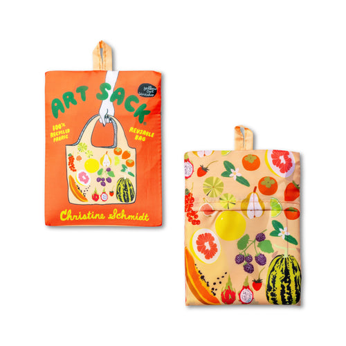 Fruits Art Sack® folded front and back showing colorful fruit illustration and Art Sack® packaging by Yellow Owl Workshop