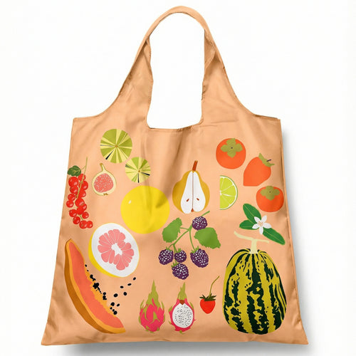 Peach illustrated reusable tote bag featuring colorful fruit illustrations including grapefruit blackberries persimmons dragon fruit and watermelon by Yellow Owl Workshop