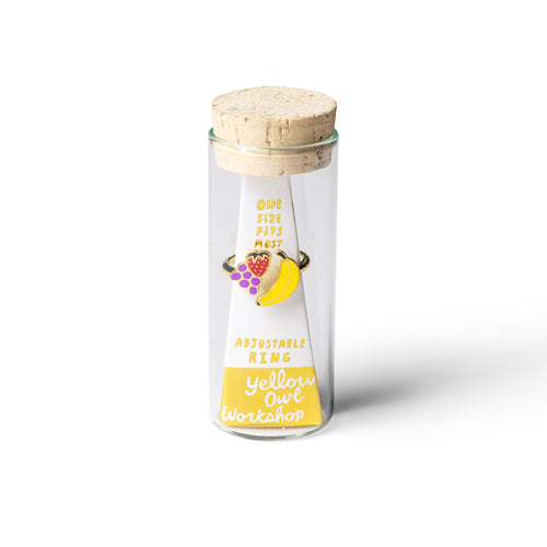 Fruits gold adjustable enamel ring in glass vial cork packaging by Yellow Owl Workshop