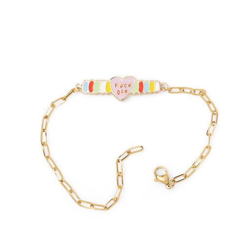 Pink enamel Fuck Off candy heart bracelet with colorful segments unclasped on white background by Yellow Owl Workshop