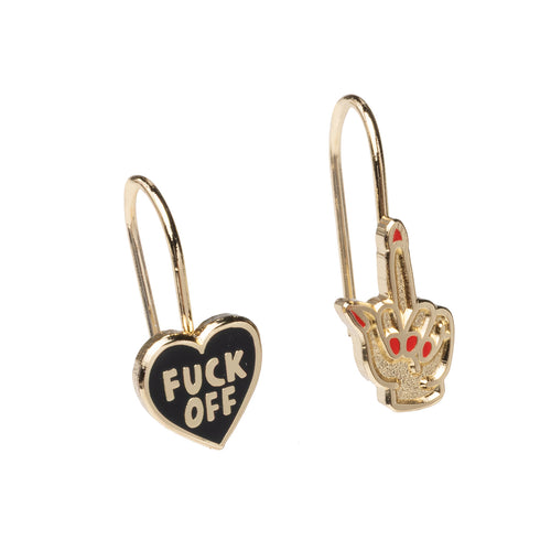 Mismatched enamel drop earrings featuring black Fuck Off heart and gold middle finger with red nail polish by Yellow Owl Workshop