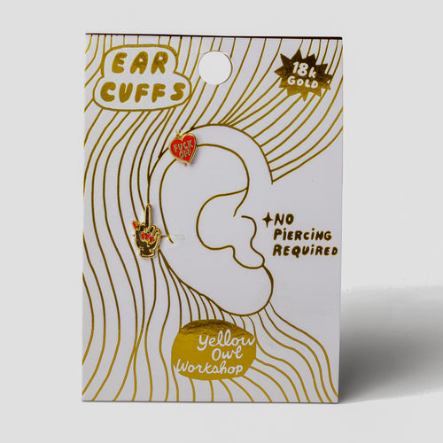 F*ck Off and Middle Finger no-piercing gold ear cuffs on gold foil matchbook card by Yellow Owl Workshop