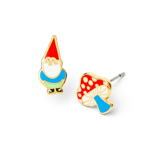 Mismatched gold stud earrings featuring garden gnome with red hat and spotted mushroom by Yellow Owl Workshop