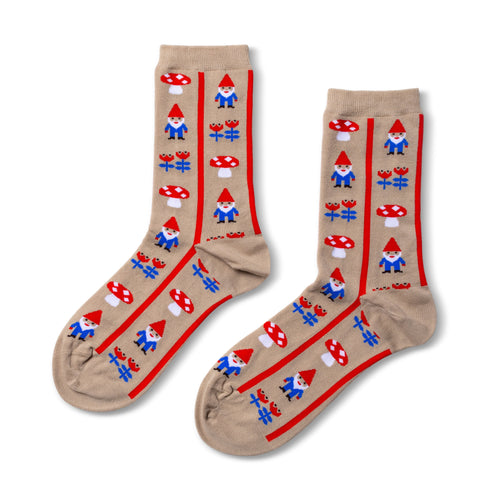 Tan crew socks featuring illustrated garden gnomes red mushrooms and blue tulips with red stripe by Yellow Owl Workshop