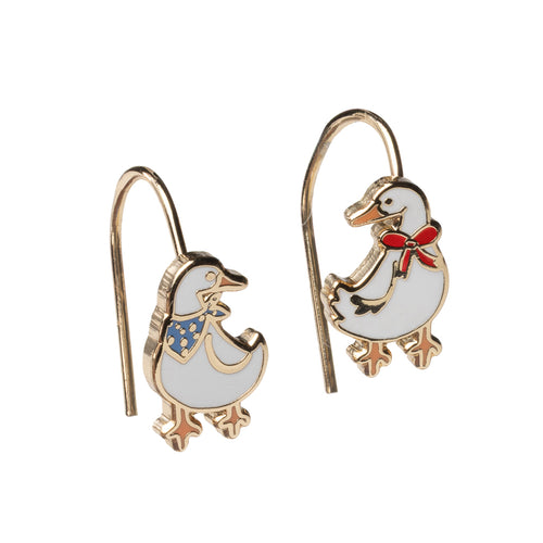 Mismatched enamel drop earrings featuring two white geese one with blue polka dot bow and one with red bow by Yellow Owl Workshop