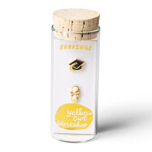 Grad diploma mismatched cloisonné stud earrings in glass vial packaging by Yellow Owl Workshop