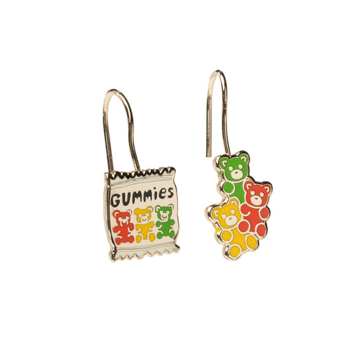 Mismatched enamel drop earrings featuring gummy bear bag and stack of colorful red yellow and green gummy bears by Yellow Owl Workshop