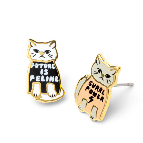 Mismatched cloisonné cat stud earrings with Future is Feline black cat and Gurrl Power peach cat gilded in 22 karat gold by Yellow Owl Workshop