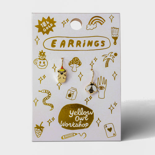 Honey Bear and Honey Bee mismatched enamel drop earrings on gold foil matchbook card by Yellow Owl Workshop