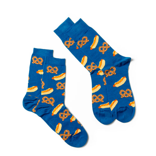 Hot Dog and Pretzel crew socks small and large sizes laid out side by side by Yellow Owl Workshop