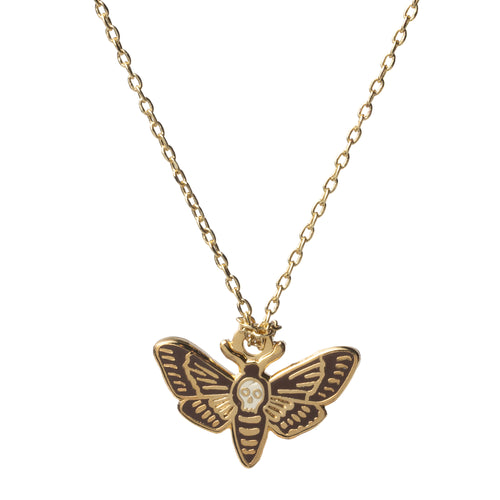 Yellow Owl Workshop Deathshead Hawkmoth pendant necklace featuring a brown and gold moth with outstretched wings and a skull design on its body. Gold-tone enamel moth charm on a delicate gold chain, inspired by the death's-head hawkmoth. Gothic-inspired statement jewelry for moth lovers, dark academia style, Halloween, and witchy accessories.