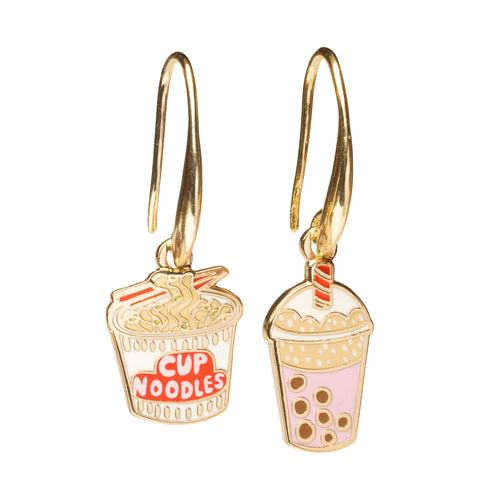 Mismatched enamel drop earrings featuring cup noodles and lavender boba drink with tapioca pearls by Yellow Owl Workshop