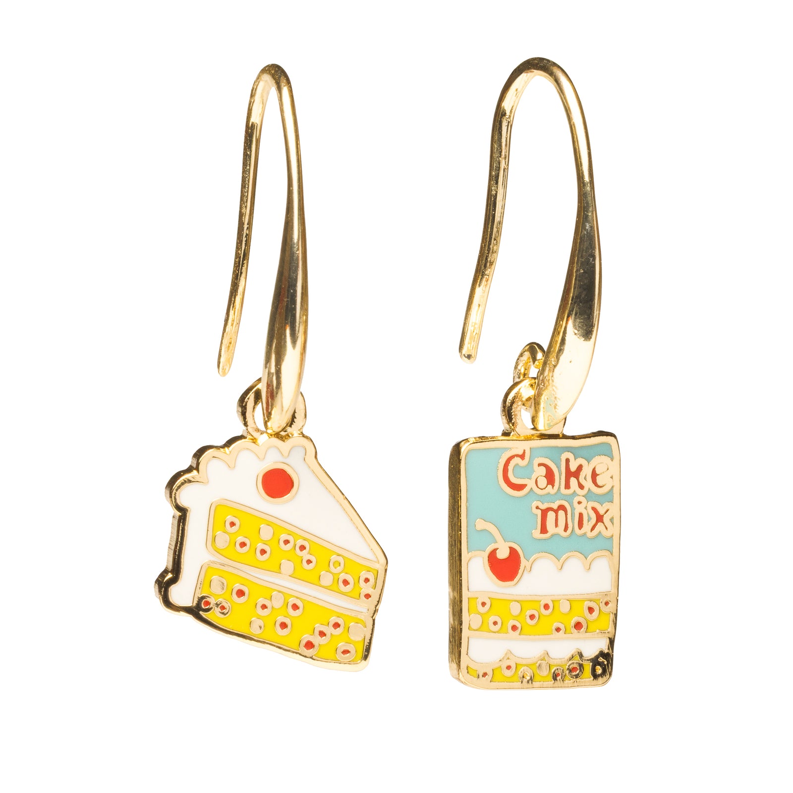 Mismatched enamel drop earrings featuring yellow confetti cake slice with white frosting and cherry and cake mix box by Yellow Owl Workshop