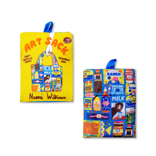 Kawaii Cat Food Art Sack® folded front and back showing illustrated kawaii cat and pantry icon print and Art Sack® packaging by Naomi Wilkinson for Yellow Owl Workshop