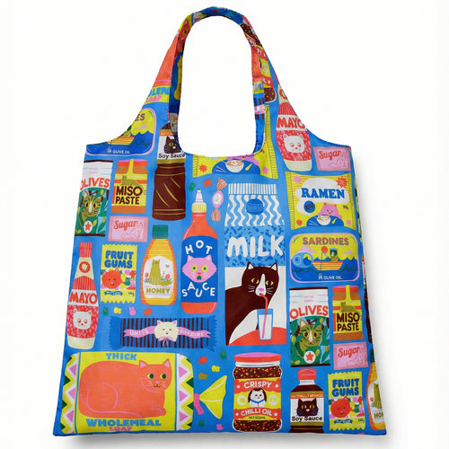 Illustrated reusable tote bag featuring kawaii cats with pantry icons including noodle boxes chili oil jars and sardines by Naomi Wilkinson for Yellow Owl Workshop