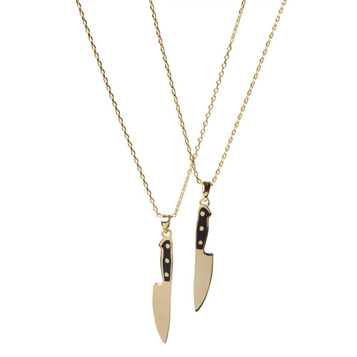 Double-sided gold chef knife pendant necklace showing blade side and handle side on 18k gold chain by Yellow Owl Workshop