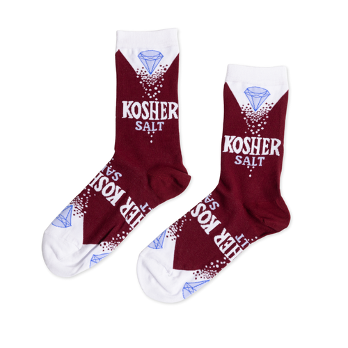 Burgundy and white crew socks designed to look like a Kosher Salt box with diamond logo by Yellow Owl Workshop