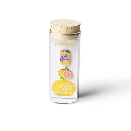  La Queen and Grapefruit mismatched gold stud earrings in gift-ready glass vial by Yellow Owl Workshop