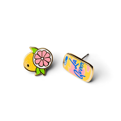 Mismatched gold stud earrings featuring La Queen sparkling water can and pink grapefruit slice with green leaf by Yellow Owl Workshop