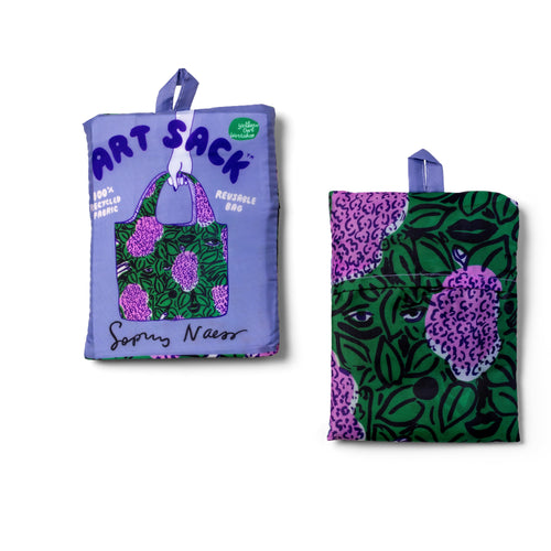 Lilacs Art Sack® folded front and back showing painted lilac illustration and red Art Sack® packaging by Sophy Naess for Yellow Owl Workshop