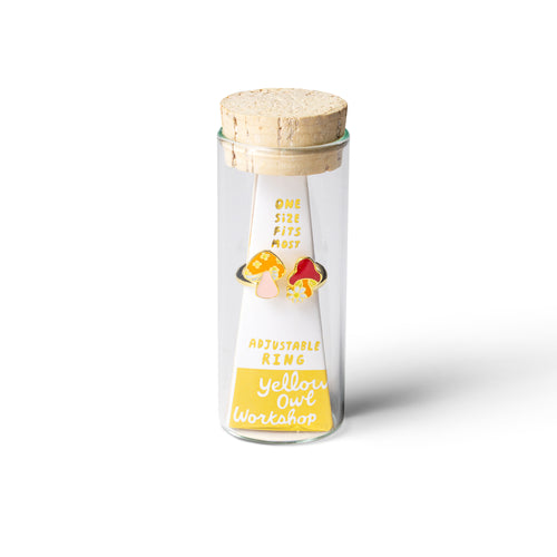 Magic mushroom gold adjustable ring in glass vial cork packaging by Yellow Owl Workshop