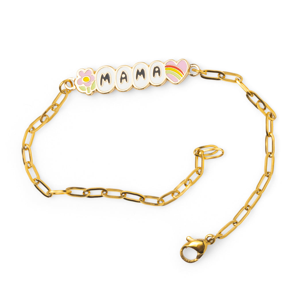Gold paperclip chain Mama bracelet with enamel letter beads and flower and rainbow heart charms unclasped on white background by Yellow Owl Workshop