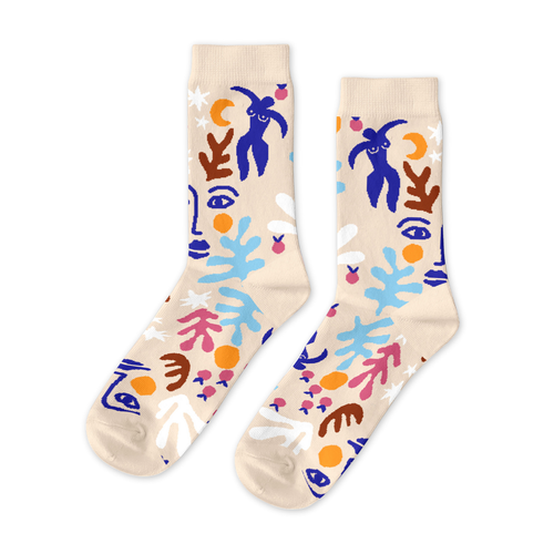 Cream crew socks featuring Matisse-inspired cut-paper figures botanical shapes and bold colors in blue pink orange and brown by Yellow Owl Workshop