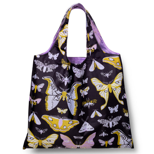Illustrated reusable tote bag featuring detailed nocturnal moth illustrations including Luna and Atlas moths by Banquet Workshop for Yellow Owl Workshop