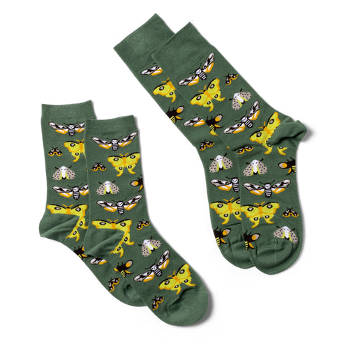 Moths crew socks small and large sizes laid out side by side by Yellow Owl Workshop