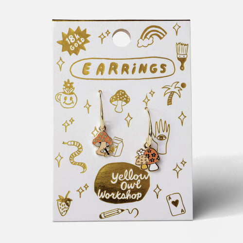 Mushroom Butterfly mismatched enamel drop earrings on gold foil matchbook card by Yellow Owl Workshop