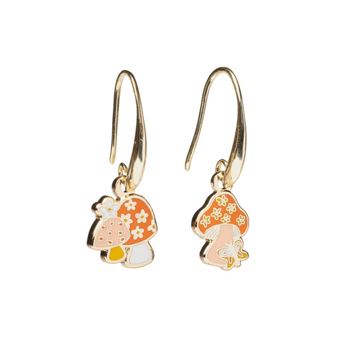 Mismatched enamel drop earrings featuring two red mushroom clusters with white daisy details one with small companion mushroom and one with butterfly by Yellow Owl Workshop